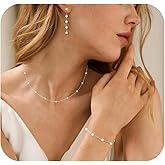 RMOYI Gold Jewelry Set for Women, Dainty 14K Gold/Silver Plated Pearl Necklace and Earring Set with CZ Diamond and Pearl Drop Earrings, Bracelets, Choker Necklace - Wedding Bride Jewelry