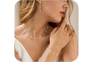 RMOYI Gold Jewelry Set for Women,Dainty 14K Gold/Silver Plated Pearl Necklace and Earring Set CZ Diamond Long Pearl Drop Earrings Pearl Bracelets Pearl Choker Necklace Wedding Bride Jewelry for Women