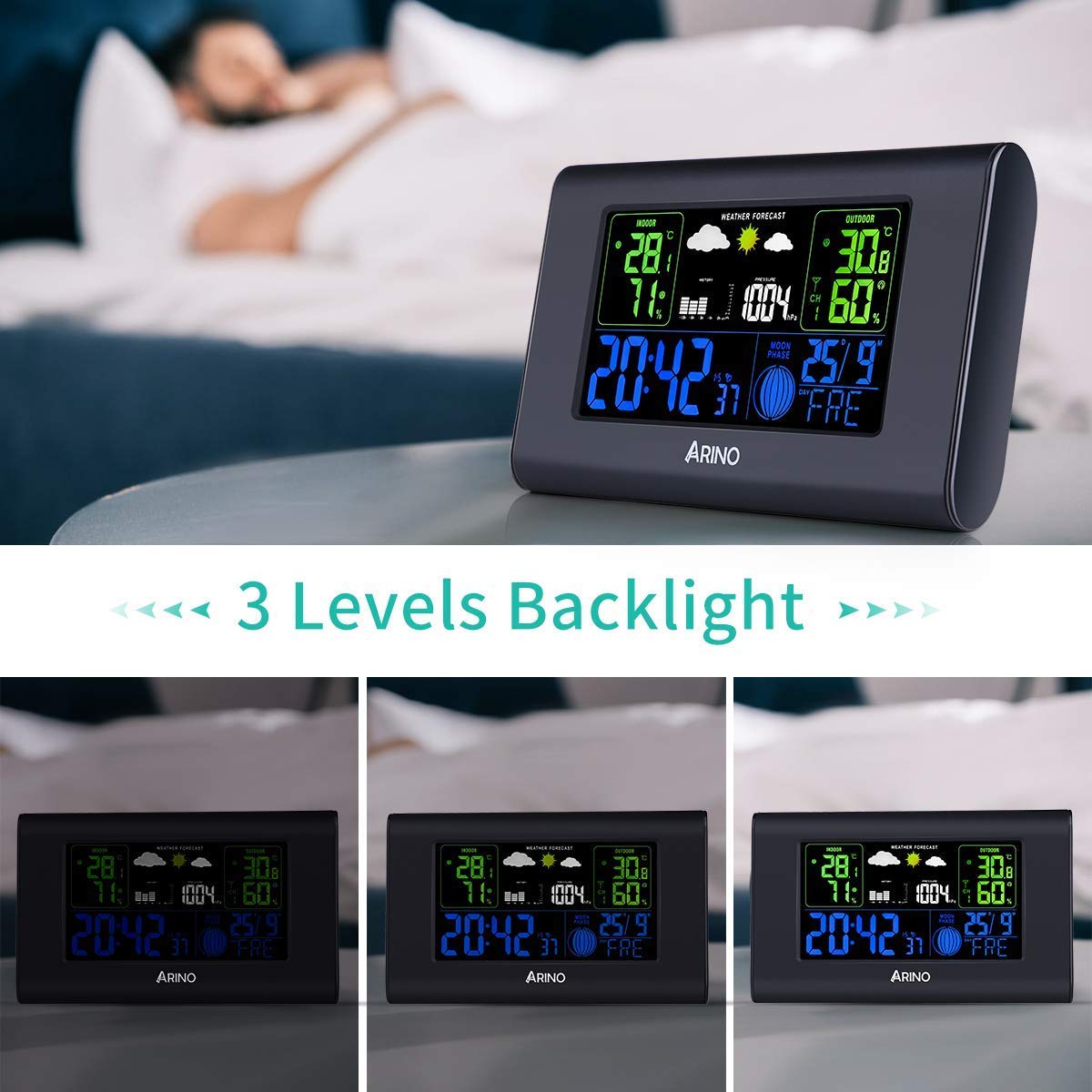 ARINO Stazione Meteo con Sensore Esterno Wireless Stazione Meteorologica Professionale da Casa con Sveglia Digitale Allarme per Casa, Ufficio Colore Nero