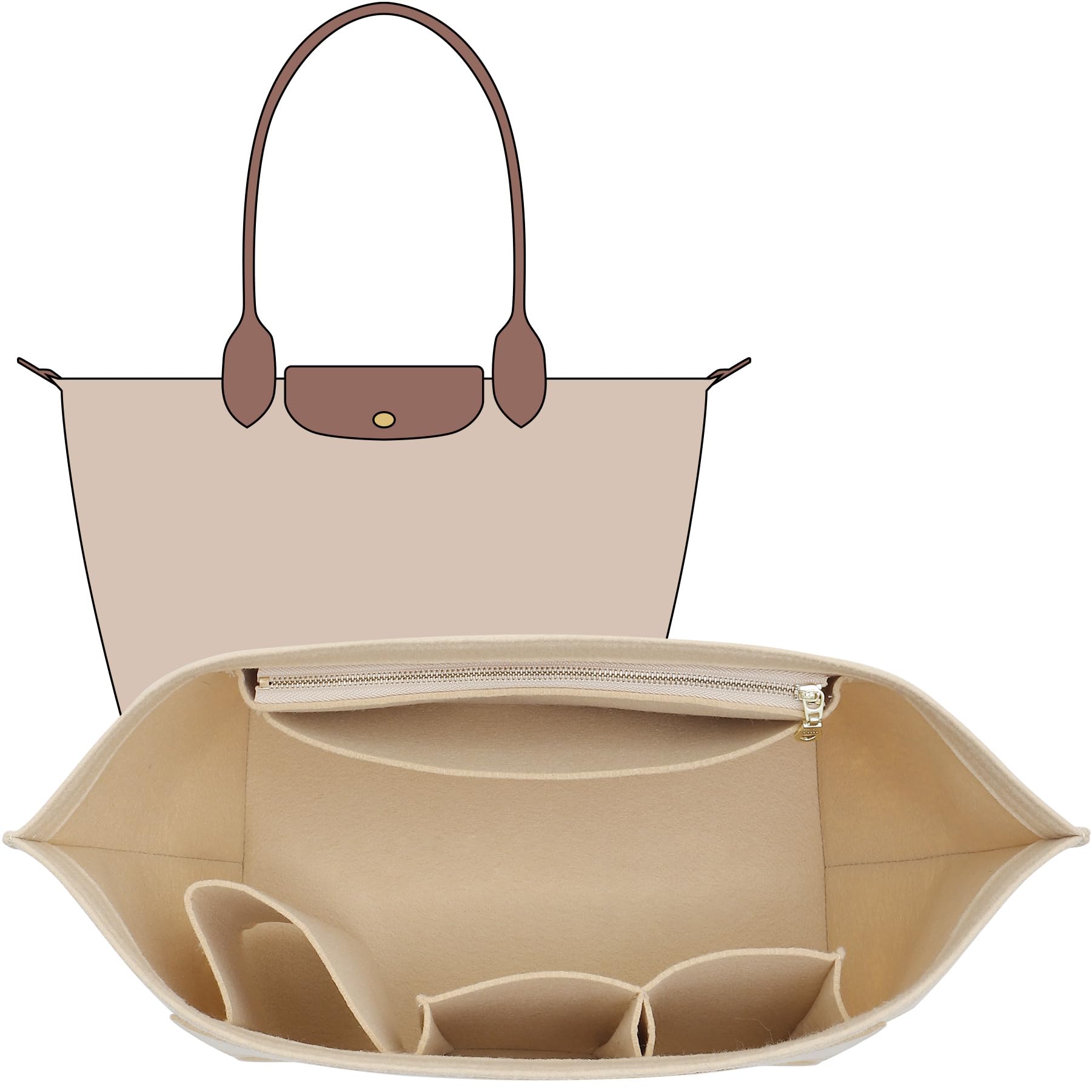 Photo 1 of OAikor Purse Organizer Insert Compatible with Longchamp Le Pliage Large and More, Felt Zipper Long Champ Bag Organizer Insert with Cup Holder, Women Tote Hangbags Shaper with 8 Compartments (Beige,L)