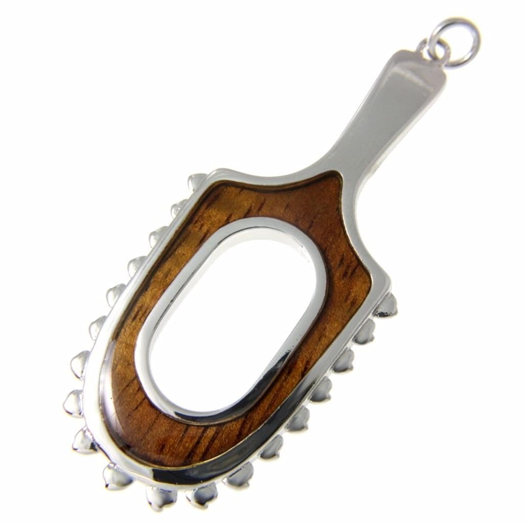 Koa Wood Hawaiian Polynesian Leiomano Shark Teeth Weapon Rhodium Plated Brass Pendant