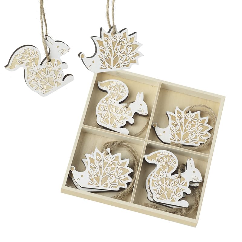 Heaven Sends Set of 8 Assorted Wooden Hanging Woodland Decoration - Squirrel/Hedgehog - 6cm x 5cm - Autumn Decoration Woodland Themed Décor - Perfect for Home, Kitchen, Living Room