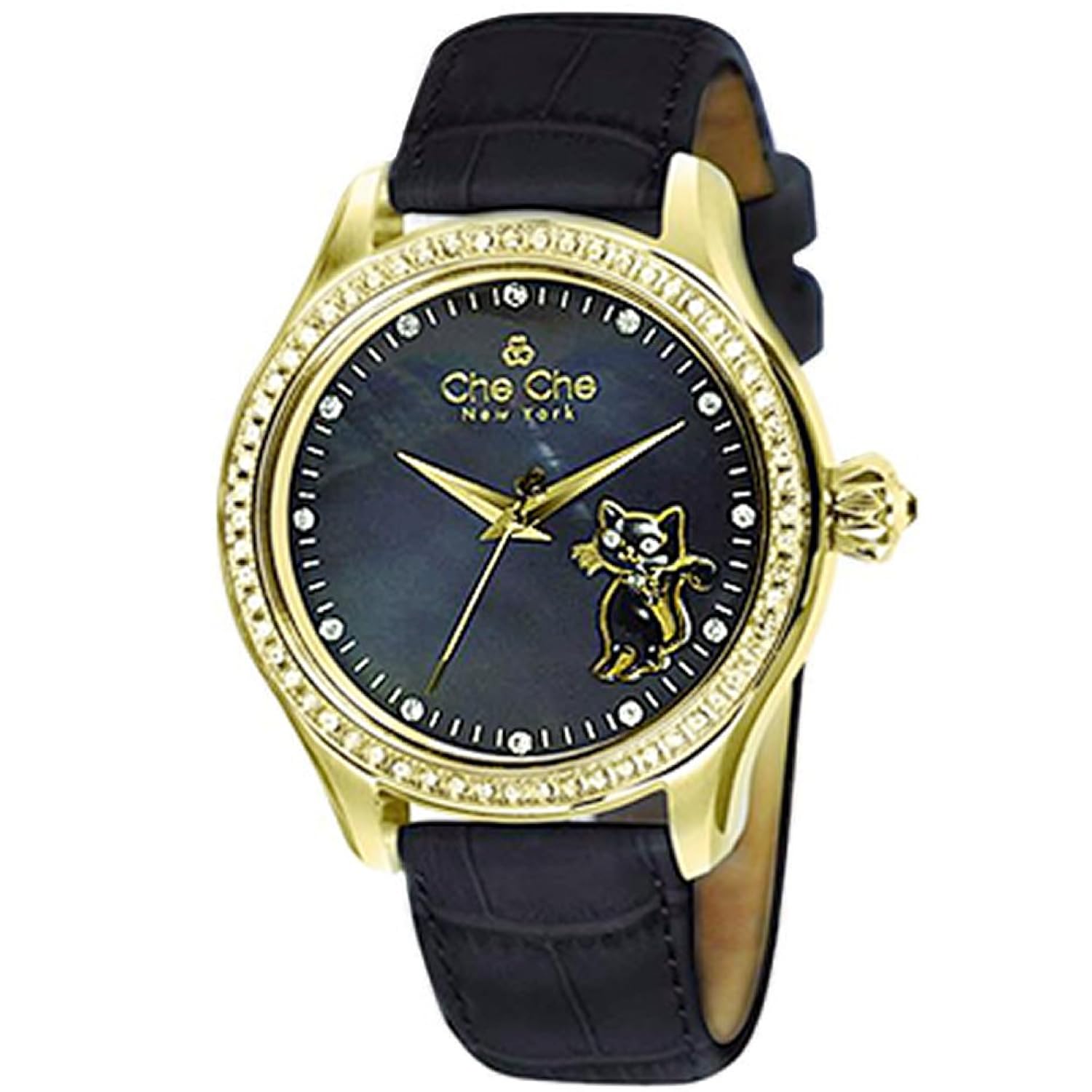 楽天ランキング1位 チチ ニューヨーク Che Che Newyork 腕時計 ウォッチ スワロフスキー シェル文字盤 猫 キャット ねこ 本革 レザー ラインストーン ブラック レディース 並行輸入品 B014vt6pk4 Studioweb Com