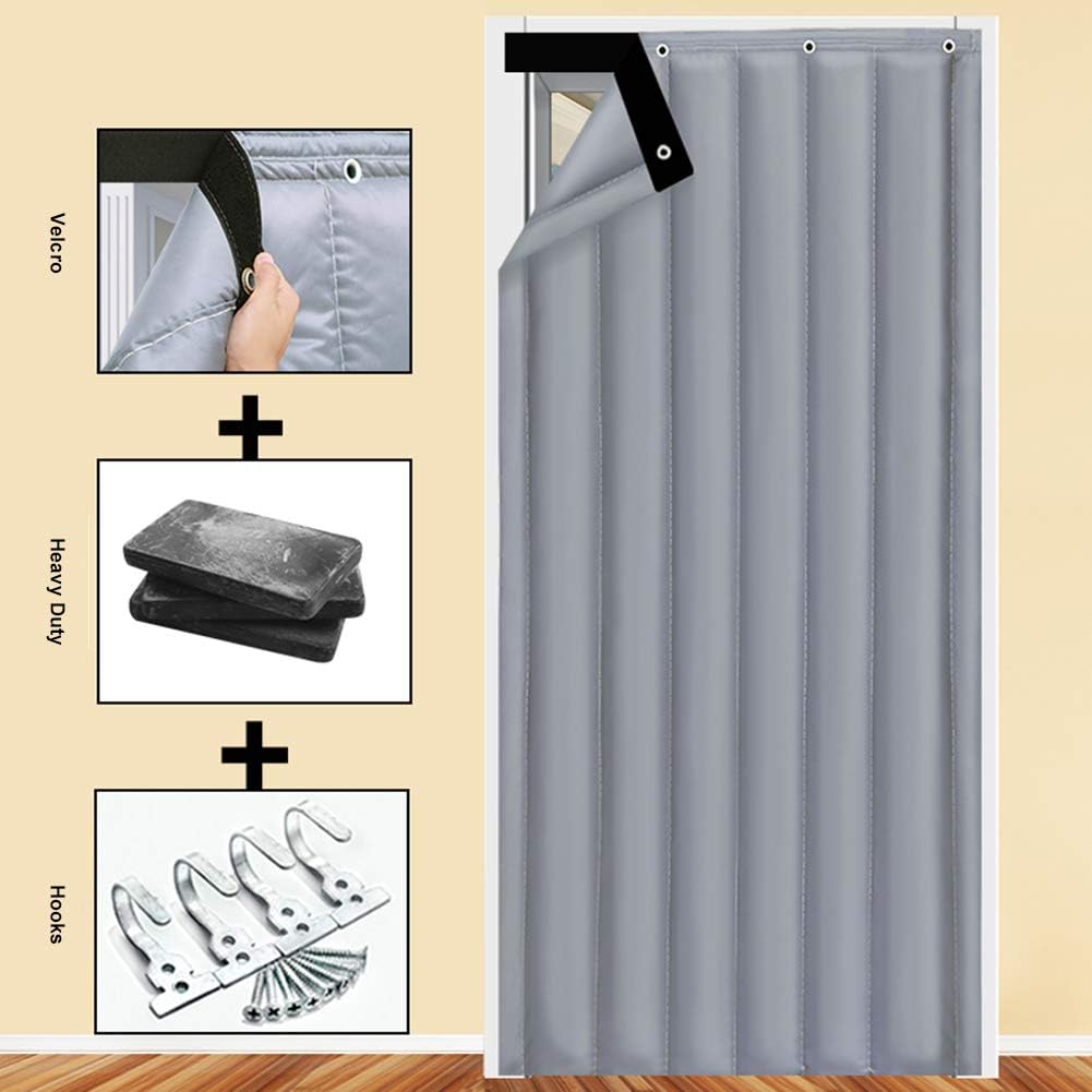 Cotton Curtain Winter Thicken, PU Fabric Thermal Insulated Blackout Door Panel, Windproof Keep Warm Waterproof Soundproof Patio Drapes-Gray 80x230cm(31x90inch)