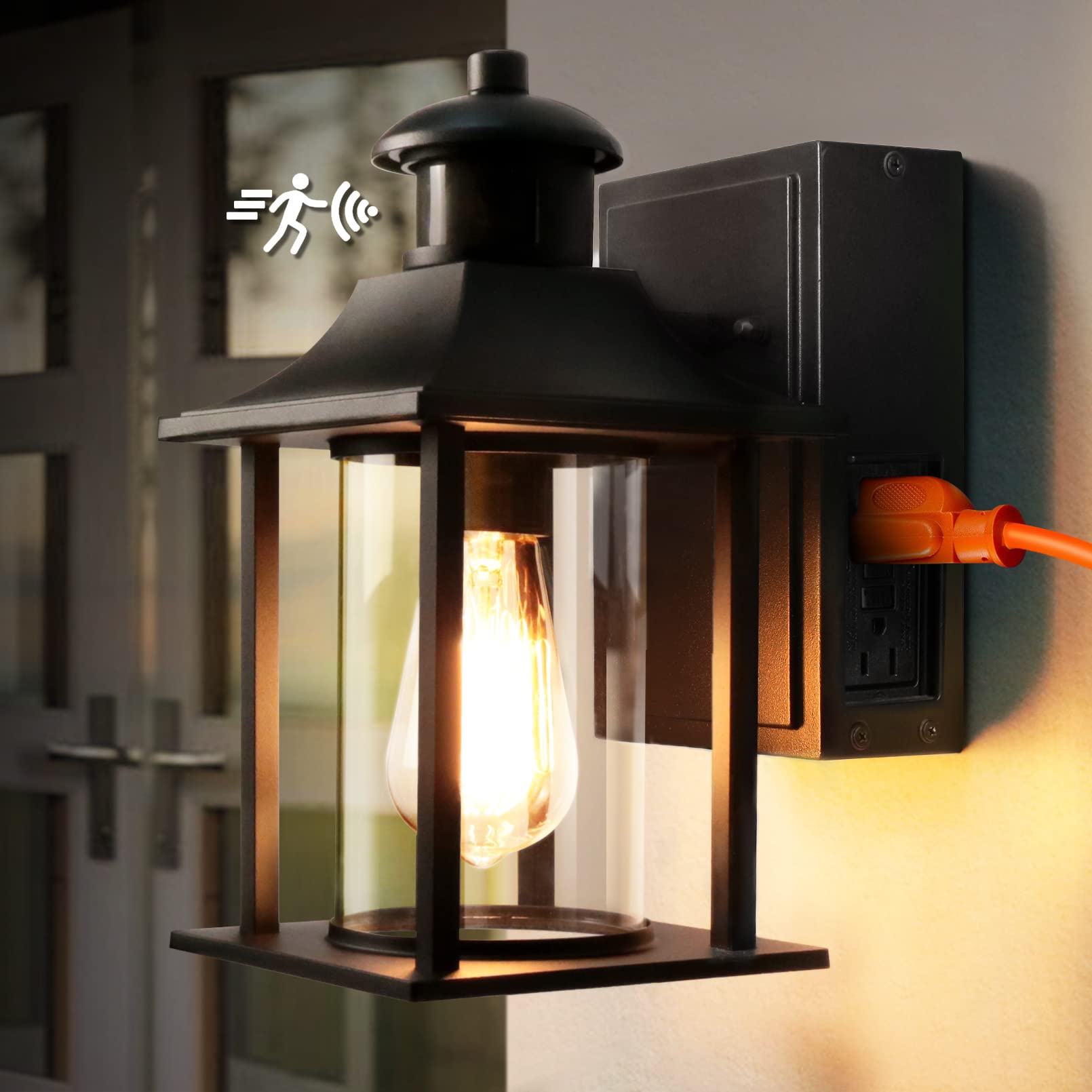 Photo 1 of VDKK Porch Lights Fixture with Outlet,Exterior Outdoor House Light Wall Mount with Outlet Built in,Waterproof Wall Light with 3 Motion Modes,Anti-Rust Wall Lantern for Balcony(Bulb NOT Included)