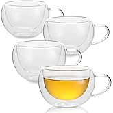 GURUDAR Double Wall Insulated Glass Tea Cups Set of 4, Clear Borosilicate Glass Espresso Shot Cups for Espresso Machine, Teacups Coffee Mugs with Handle for Cappuccino Latte, 7OZ/200ML