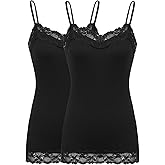 Kate Kasin Women's Adjustable Spaghetti Strap Lace Trim Cami Tunic Tank Top 2PACK