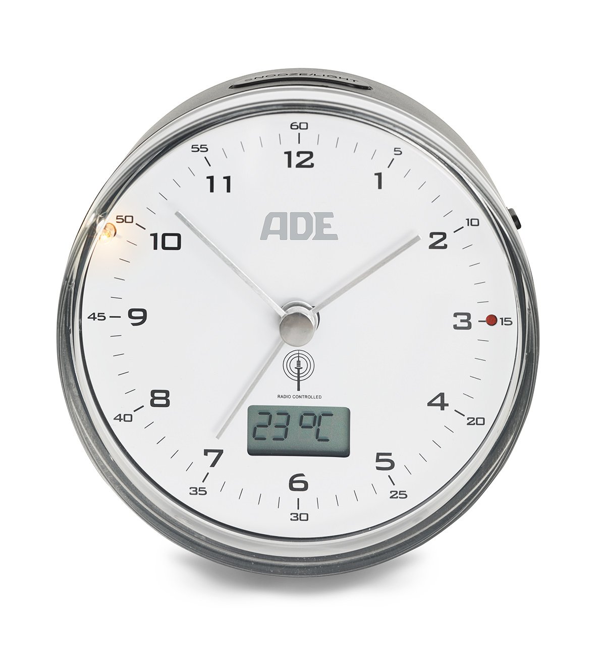 ADE CK1713 Radio Controlled Analogue Alarm Clock Plastic Clock and Thermometer – Black/White, 3.4 x 8.2 x 8.2 cm