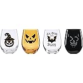 Oneida Barware, Vintro Halloween Stemless Wine Glasses, Set of 4, Dishwasher Safe, Made of Glass, Spooky Drinking Glasses Set, Halloween Decor Indoor, Skeletons and Bats as Design (4 Piece, 18 Oz)