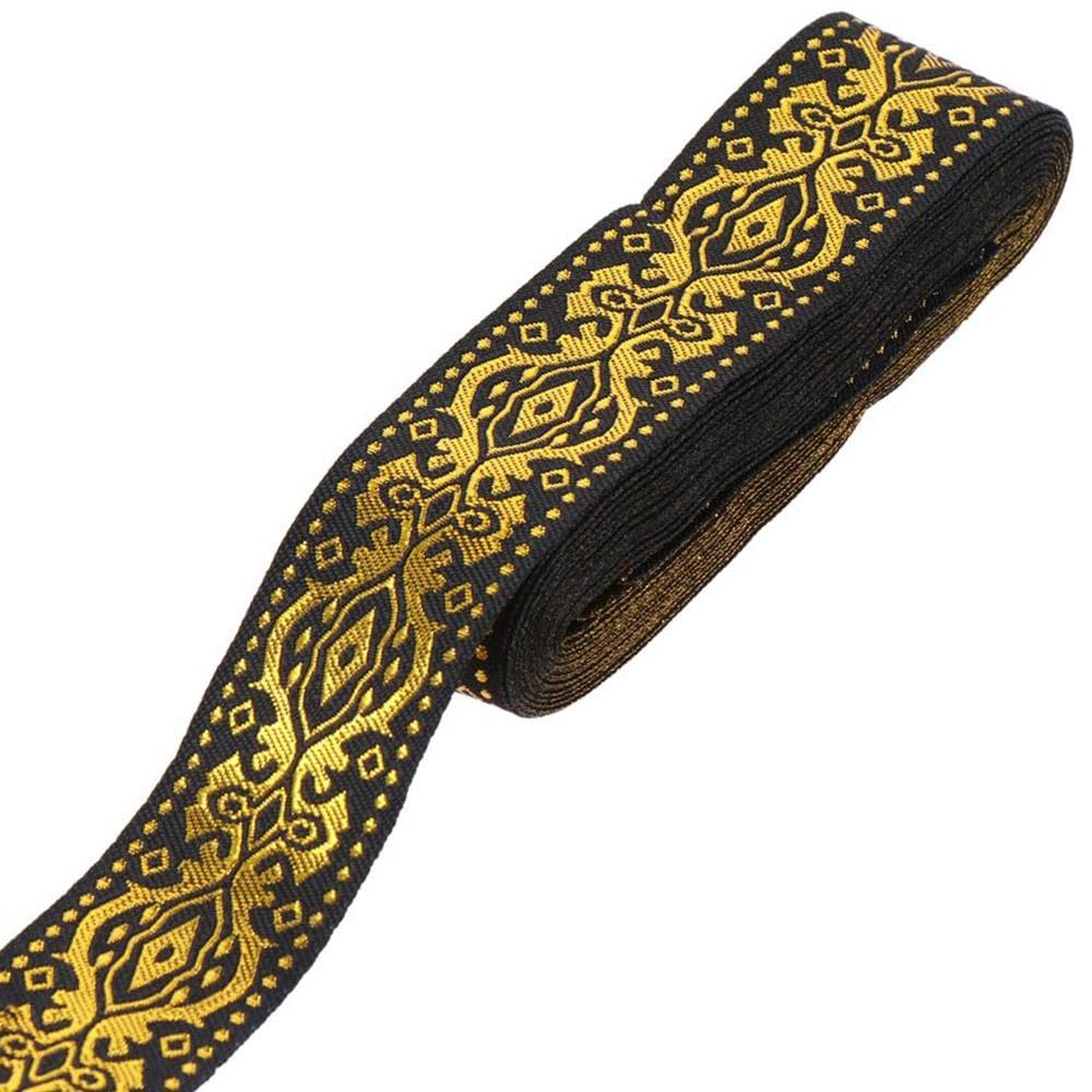 YYlingx 7.6 Yards Jacquard Woven Fabri Ribbon, 1.3 Inch Wide Floral Fabric Trim Fringe for DIY Decor(Black&Gold)