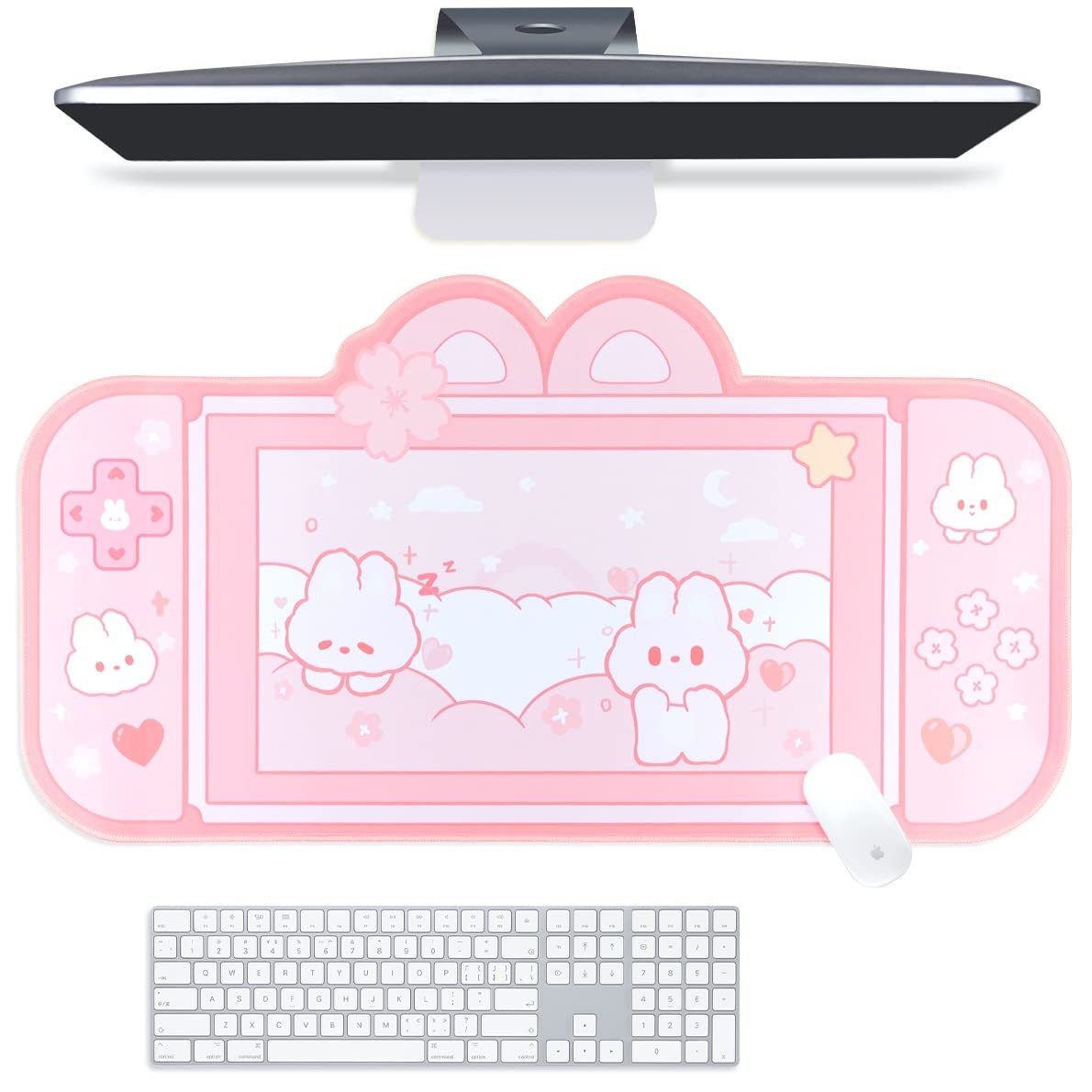 BelugaDesign Bunny Desk Pad | NS Switch Keyboard Gaming Mat Large Mat Mousepad | Pastel Pink Animal Kawaii Cute Anime Desk Blotter Protector (Pink Rabbit, Large)