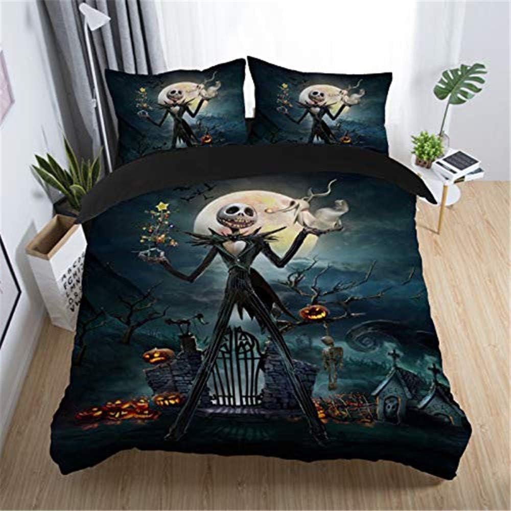 NOOS Nightmare Before Christmas Bedding Set 3D Skull Duvet Cover Set Twin Size, Soft 100% Microfiber Bed Set 2PCS, 1 Duvet Cover, 1 Pillowcase, No Comforter