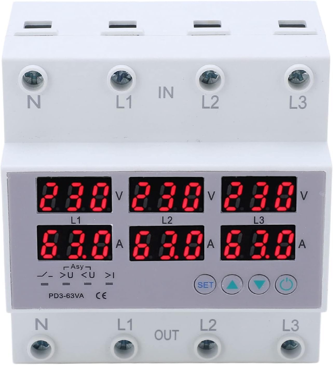 Pilipane 3 Phase Din Rail Voltmeter Ammeter,3 Phase Electricity Tester, Automatic Overvoltage Overcurrent Protector Ac 390-500V,3 Phase Watt Kwh Amp Electricity Tester(63A)