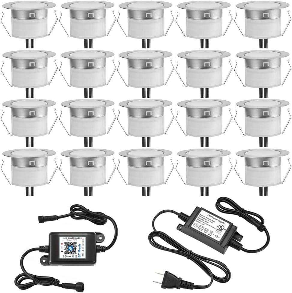 LED Deck Lights Kit RGBW, FVTLED 20pcs Φ1.77" RGB & Warm White Bluetooth Control Low Voltage Recessed Step Lamp In-ground Lighting Waterproof Outdoor Yard Path Stair Landscape Decor