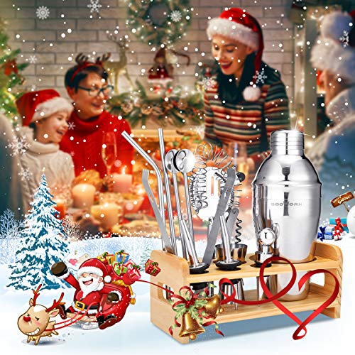 Cocktail Set, Godmorn Edelstahl Shaker Set, 15 Teiliges Barkeeper Set mit bessere Bambus Ständer, Rezeptbuch, Messbecher und Bar Löffel, 550 ml Geschenk Set für Zuhause oder die Bar – Bild 8