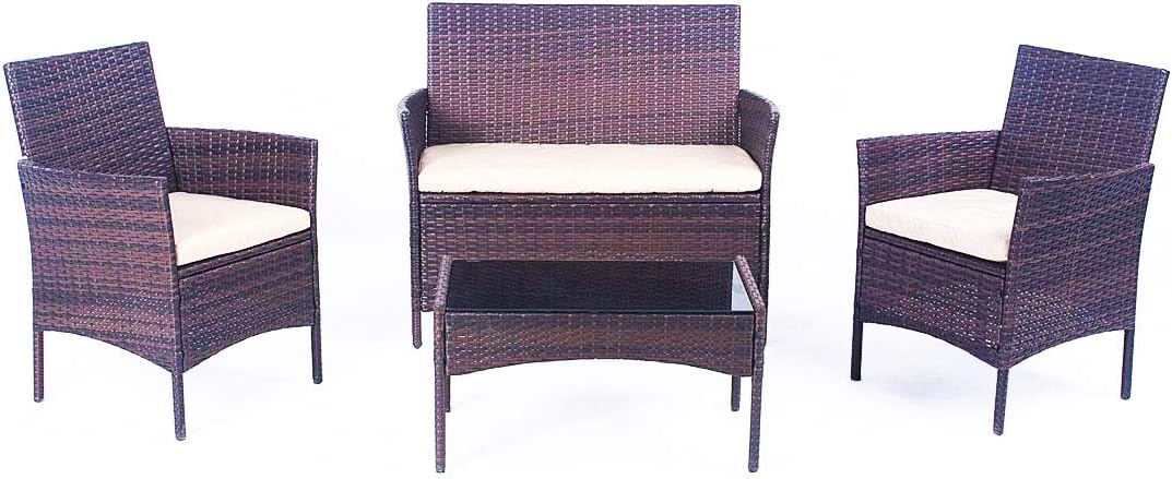 United Flame 4PCS Patio Furniture Sets Outdoor Chair Rattan Convenience Set Backyard Porch Garden Balcony Furniture Set Section Sofa with Beige Cushions and Glass Table All Weather Furniture Sets : Garden & Outdoor