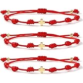 Ustome 7 Knots 3Pcs stack Red String Rope Gold Cross Evil Eye Bracelet for Women Men, Handmade Protection Good Luck Amulet Adjustable Jewelry, God Christ Pray Friendship Gift