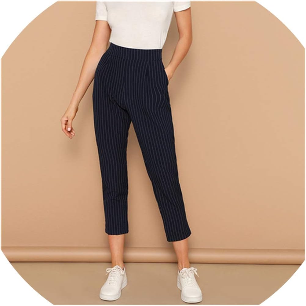 UwiC Navy Vertical-Stripe Peg Leg Pants Women Crop Trousers Pencil Pants