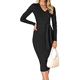 ZESICA Women's 2026 Spring Sweater Dress V Neck Long Sleeve Ribbed Knit Tie Waist Bodycon Slim Fit Midi Dresses