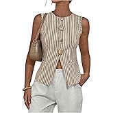 MakeMeChic Women's Striped Vest Top Metal Button Front Sleeveless Business Casual Tank