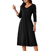 Seta T Women's 2024 Twist Knot Front V Neck 3/4 Sleeve Casual A-line Midi Dress with Pockets