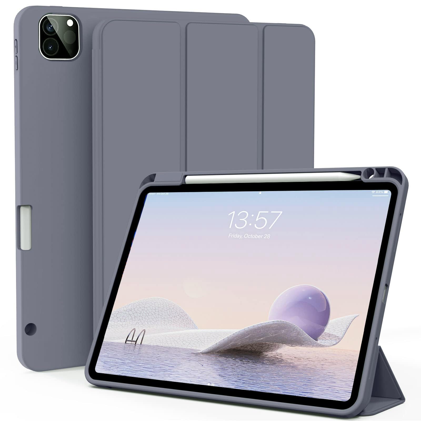 ZOYU Case for iPad Air 13 Inch M3/M2 (2025/2024), Pro 12.9 Inch 6th/5th Generation (2022/2021) with Pencil Holder, Trifold Smart Cover Soft TPU Back, Supprot Touch ID, Auto Sleep/Wake, Blue Gray