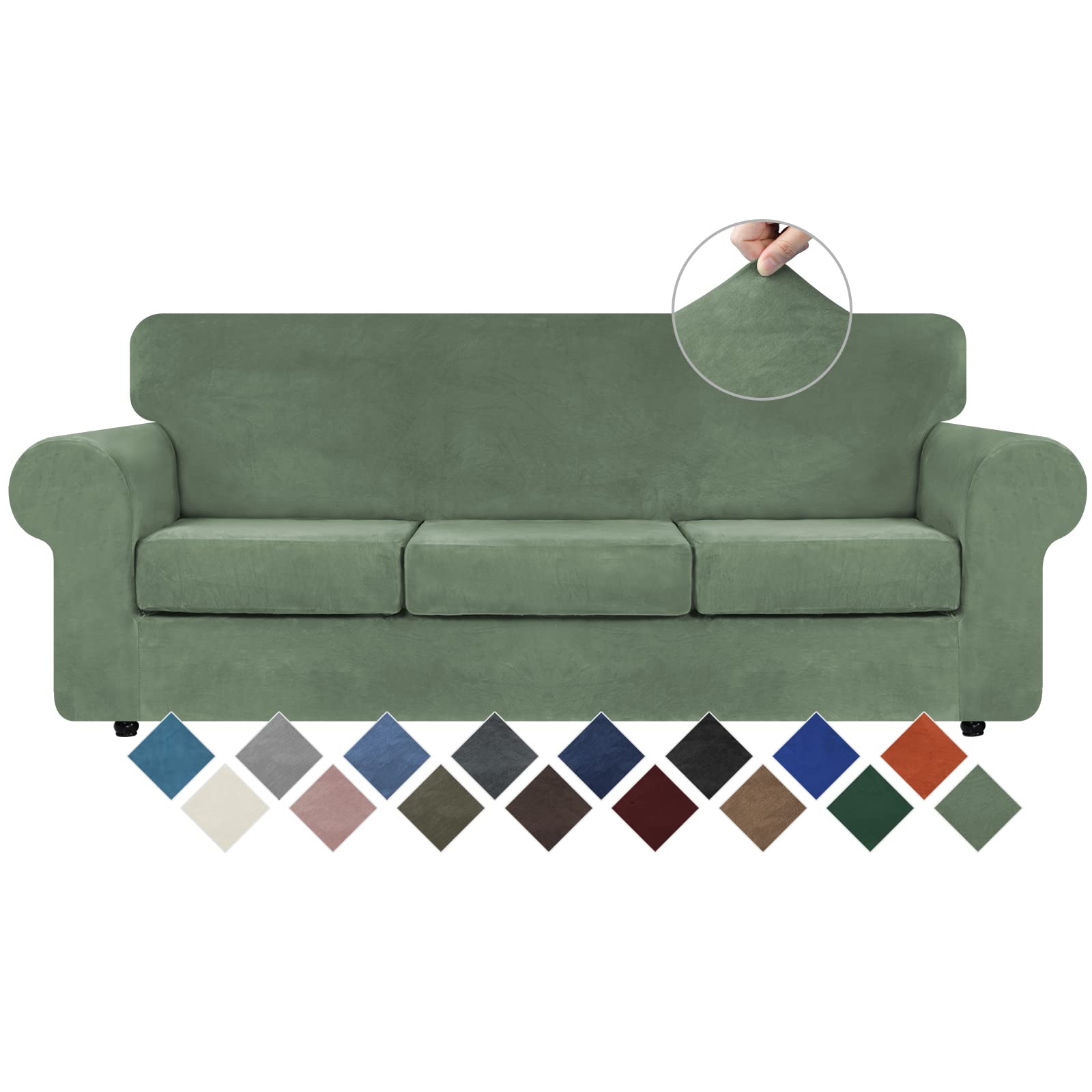 Photo 1 of WEERRW 4 Pieces Velvet High Stretch Couch Covers for 3 Cushion Couch Sofa Slipcovers, Washable Furniture Protector with Non Slip Elastic Bottom, Feature Soft Plush Fabric, Greyish Green, Large