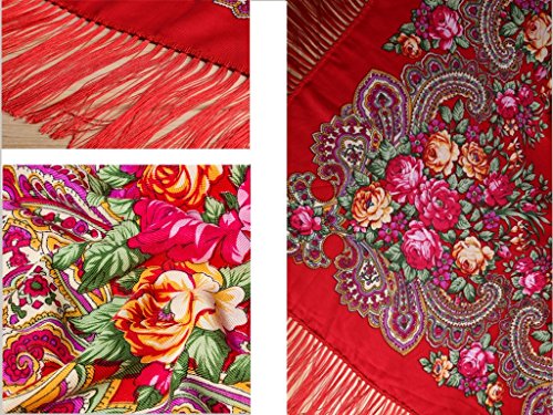 COSAUG Traditional Ukrainian Scarf and Wrap With Tassel Pavlovo Posad Shawl For Women Square Size (Red)