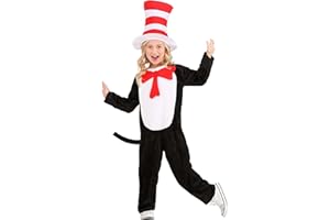 ELOPE Dr. Seuss the Cat in the Hat Costume for Kids - Polyester Velvet Jumpsuit, Felt Top Hat & Tail