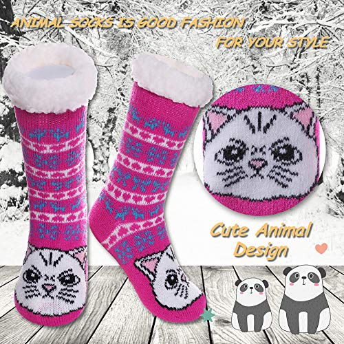 LANLEO Boys Girls Cute Animal Slipper Socks Fuzzy Soft Warm Thick Fleece Lined Winter Socks Kids Toddlers Christmas Stockings Cat,5-8 Year Old