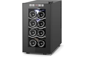 FOMUP 8 Bottle Small Wine Fridge, Mini Wine Cooler with Removable Shelves Interior Light Digital Touch Control, Double-Layer Tempered Glass Door Wine Cooler Refrigerator