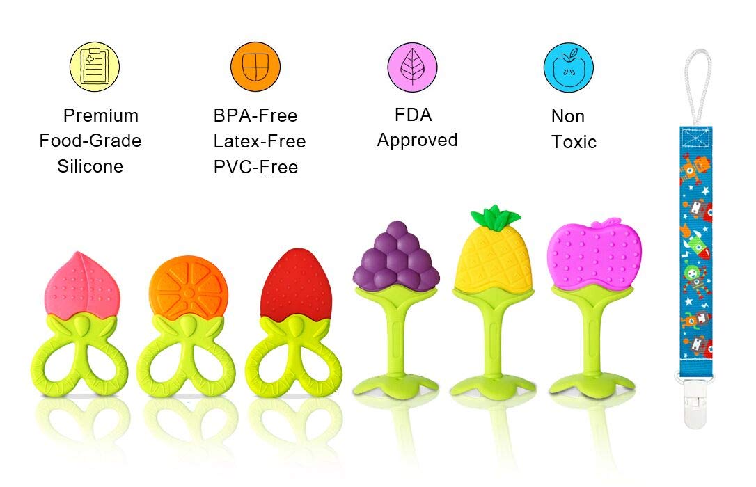 VDROL Anneaux de Dentition Bébé Naturel Sans BPA Jouet Dentition Fruits en Silicone avec Attache-Sucette pour Bébés et Nourrissons (7 Pièces)