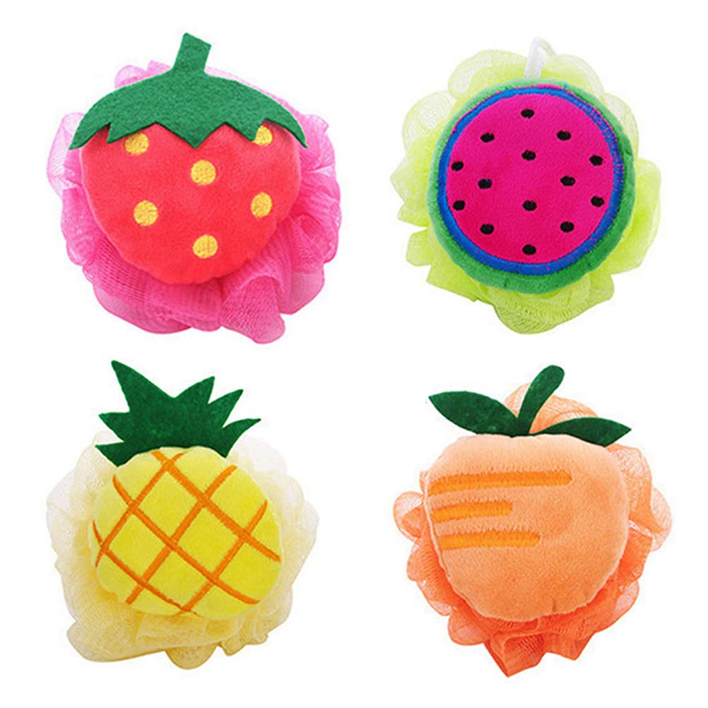 Lurrose 4pcs Soft Bath Ball Cute Fruit Mesh Sponge Pouf Shower Ball for Girls Kids