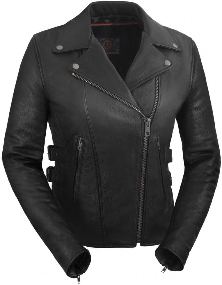 True Element Womens Motorcycle Leather Jacket with Side Buckles (Black, Size XL)