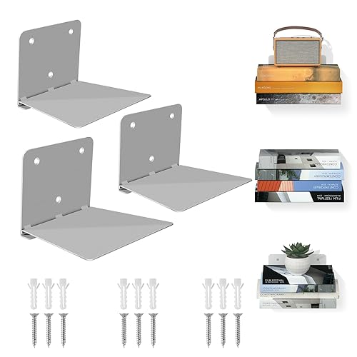 FENTEC Floating Bookshelves for Wall, Floating Bookshelf Wall Mounted, Heavy-Duty Invisible Bookshelves, Hidden Metal Book Shelf for Bedroom Home Office Decoration, Set of 3, Grey
