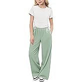 Arshiner Girls 2 Piece Outfits Short Sleeve Ruched Drawstring Crewneck Tops and Wide Leg Pants with Pockets Clothing Sets