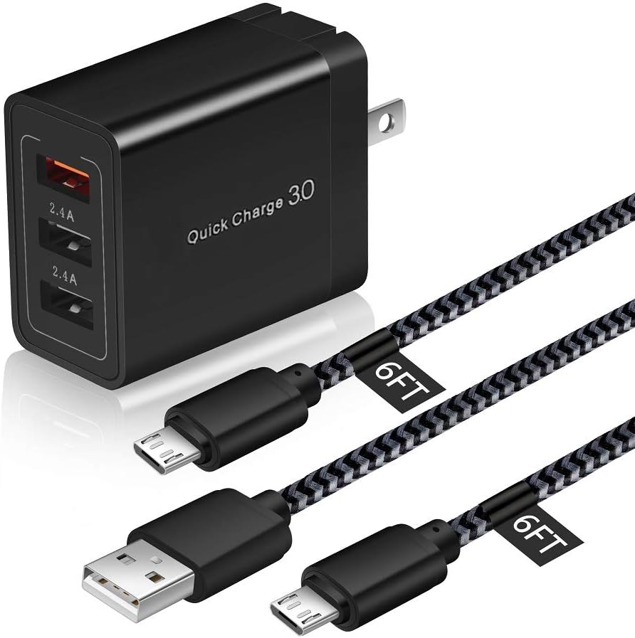 KEAIO Micro USB Cable 6FT with Adaptive Fast Charger, Braided Android Charger Cable 2-Pack + Quick Charge 3.0 Wall Charger Compatible with Samsung Galaxy S7/S6 Edge/J7, Note 5, Tablet, LG, Moto, PS4