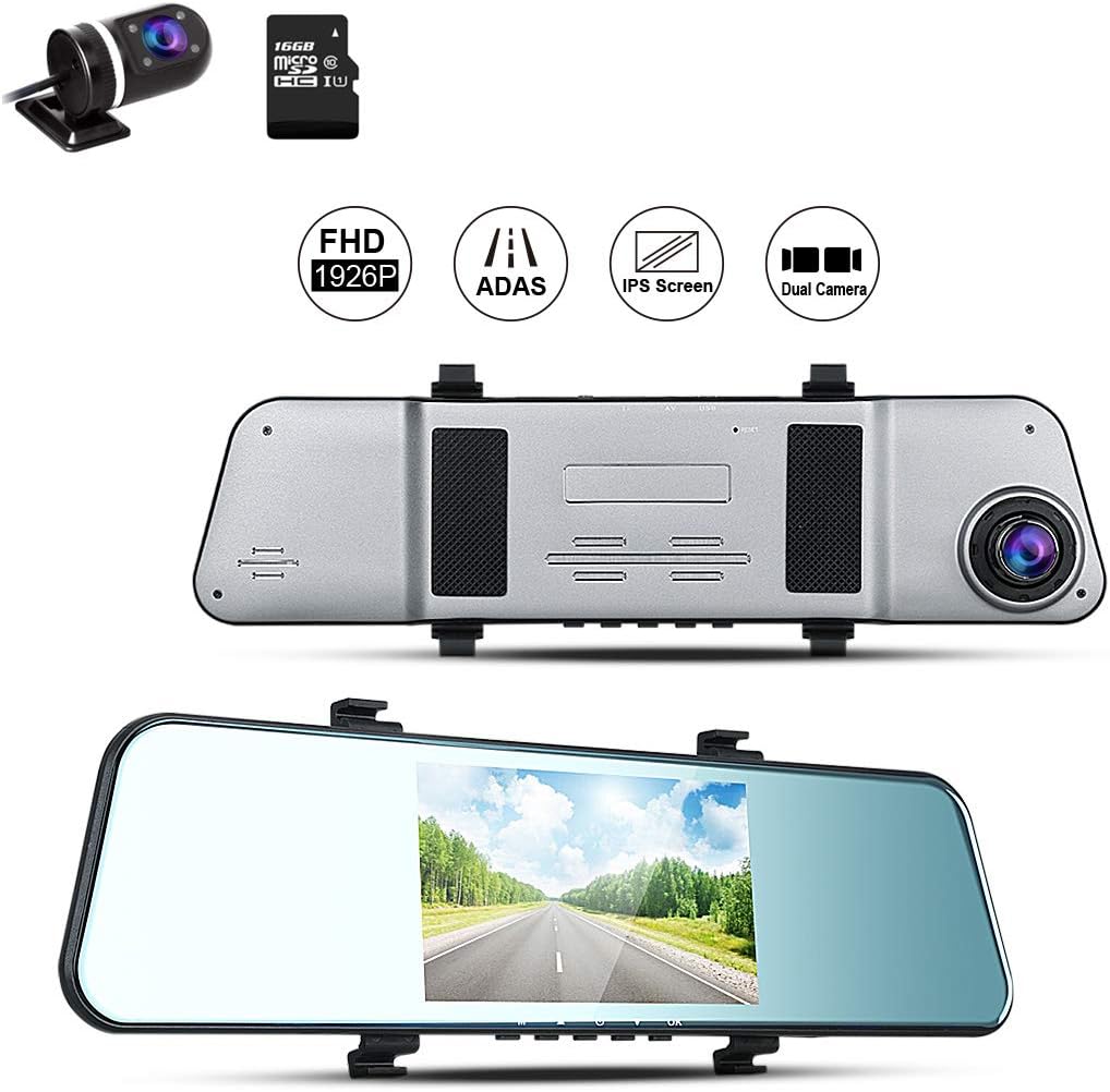 Mirror Camera CAR Black Box FHD+ 1296P ADAS Mirror Dash Cam Dual Lens Mirror Camera 5" IPS Screen Rearview Mirror Cam with Front and Back Camera G-Sensor Loop Recording ADAS 16GB TF Card Including