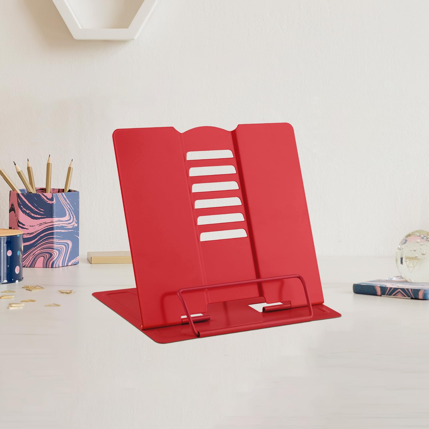 Mini Metal Book Stand Reading Book Holder Lightweight Cook Book Stands Portable Textbook Holders Adjustable Recipe Document Stand Tablet Music Book Stands&Holders(Red) — image 1