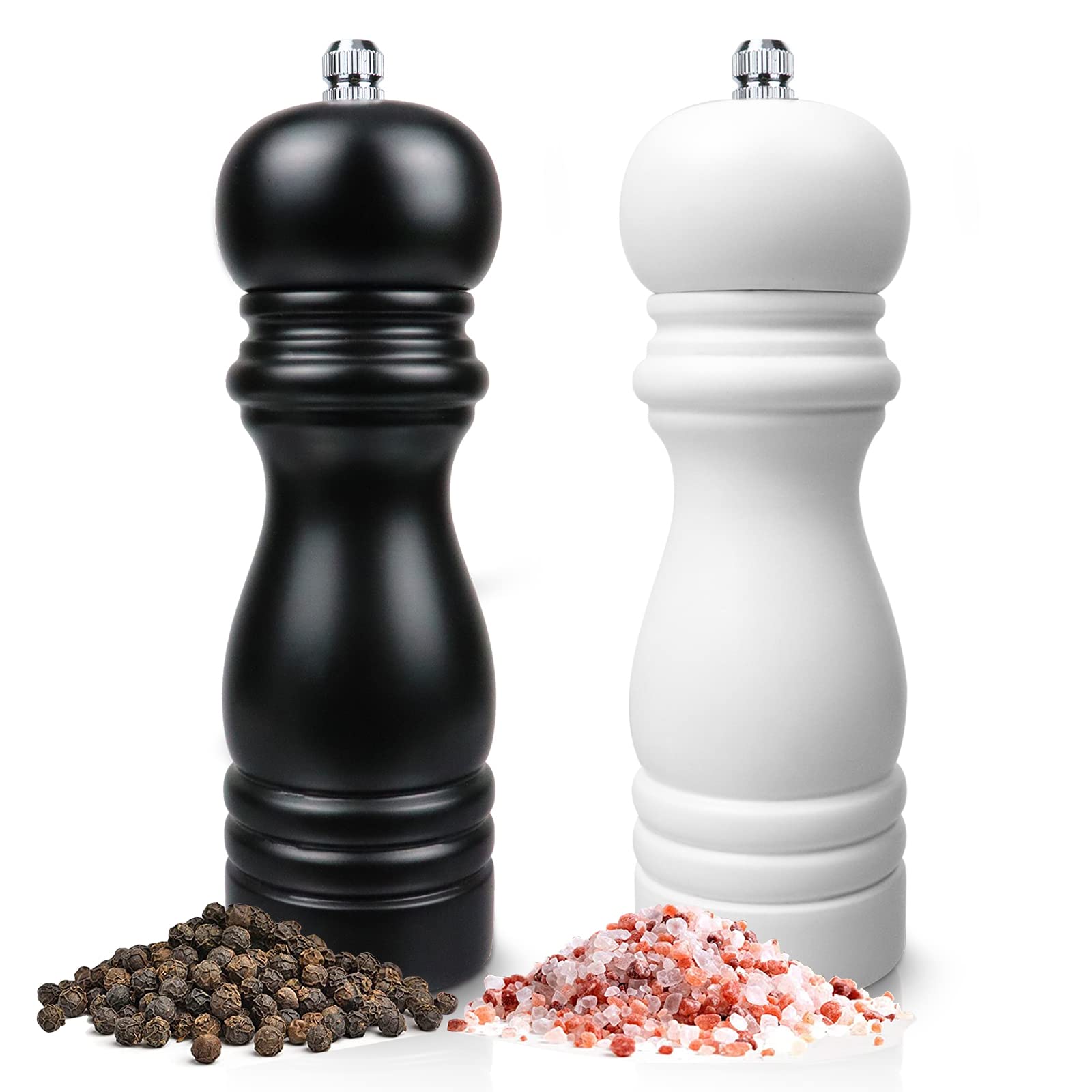 Salt and Pepper Grinder Set with with Adjustable Ceramic Core, Wood Pepper Mill and Salt Grinder, Refillable Manual Pepper and Salt Mills for Chili Powder/Cumin Seeds/Cloves/Rosemary