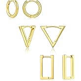 2 Pairs 14K Gold Plated Minimalist Geometric Triangle Huggies Hoop Earrings, V Shaped Hoop Earrings for Women Gift 1.3cm/1.8cm, gold and silver