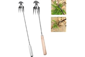 RUIGOU-GUOLONG 2023 New Weeding Artifact Uprooting Weeding Tool, Premium Manganese Steel Forged Weed Puller 4 Teeth Dual Purpose Weeder, Hand Weeder Tool for Gardening with Long Handle (Iron Handle+Wooden Handle)