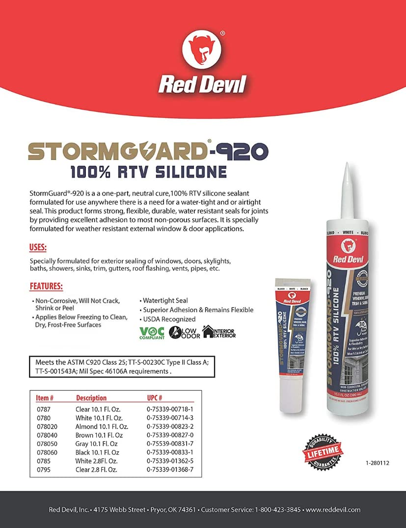 Red Devil 078050 StormGuard 920 100% RTV Silicone Window and Door Sealant, A Water-Resistant Adhesive for Interior and Exterior Use, 10.1 oz. Tube, Gray, 1-Pack