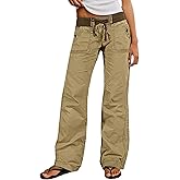Flamingals Straight Leg Pants for Women Drawstring Waist Mid Rise Casual Solid Seam Detail Pants