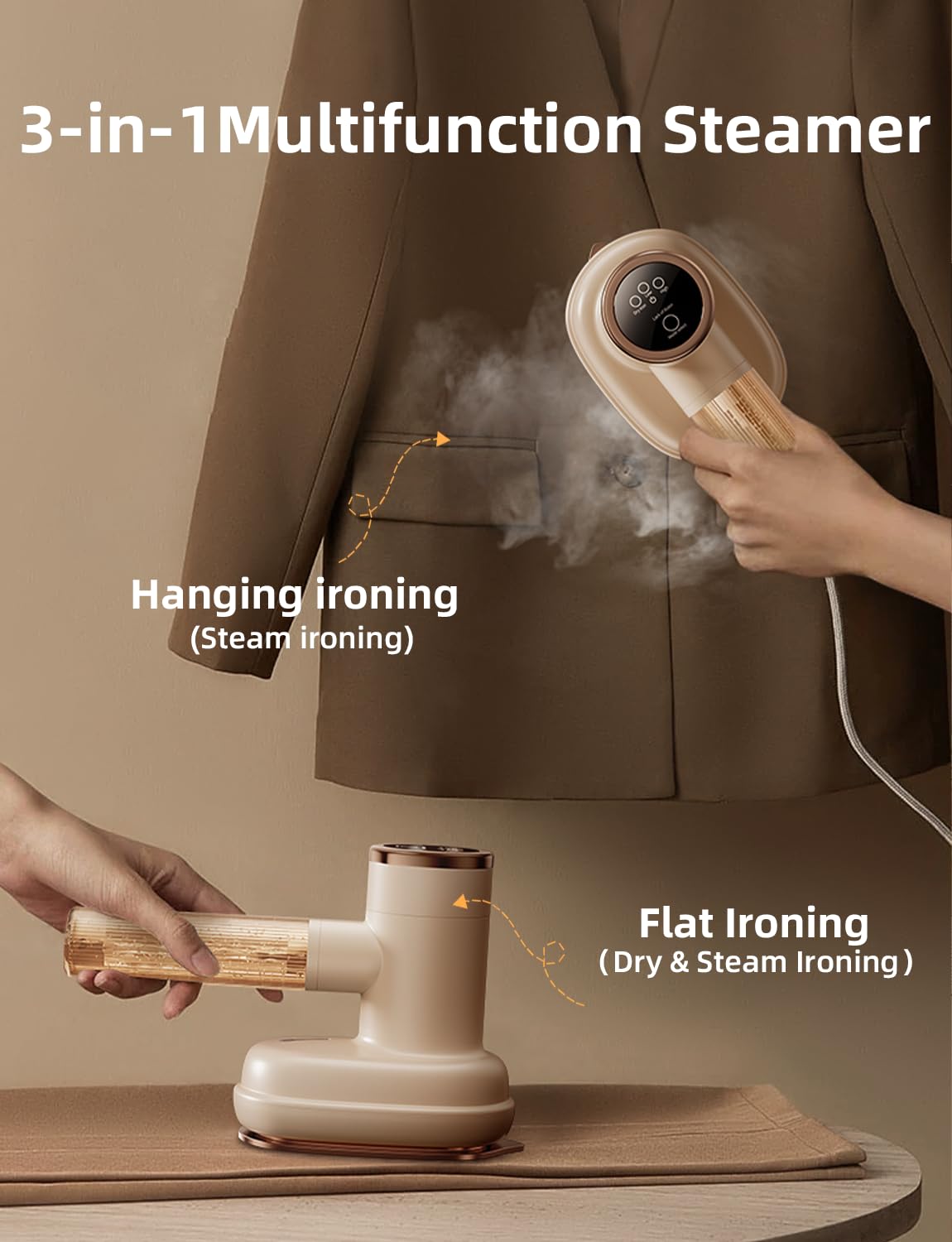 ATKTTOP Handheld Steamer for Clothes [Steamer&Iron in One],1000W Strong Power Touchscreen Control Travel Steamer,15s Fast Heat-up Portable Mini Fabric Wrinkle Remover Garment Steamer (Beige)