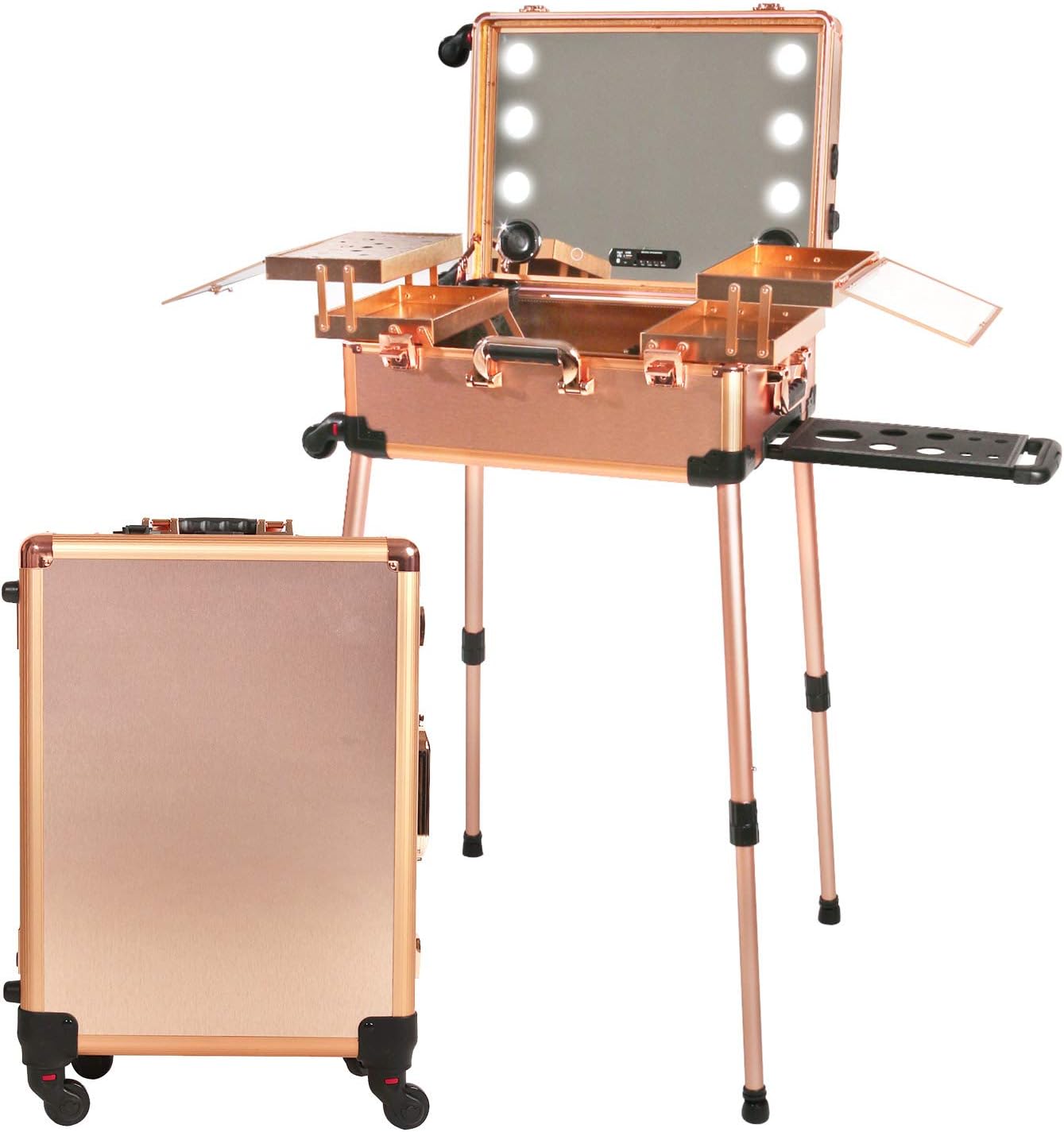 Jula Vance Large Makeup Train Suitcase with Built-in Lights & 3 Light Colors & Omni-Direction Wheels Lighted Rolling Travel Cosmetic Organizer, Professional Artist Trolley Studio Free Standing (Rose Golden)