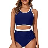 Aleumdr High Waisted Bikini Sets for Women Athletic Two Piece Color Block Tummy Control Bathing Suits