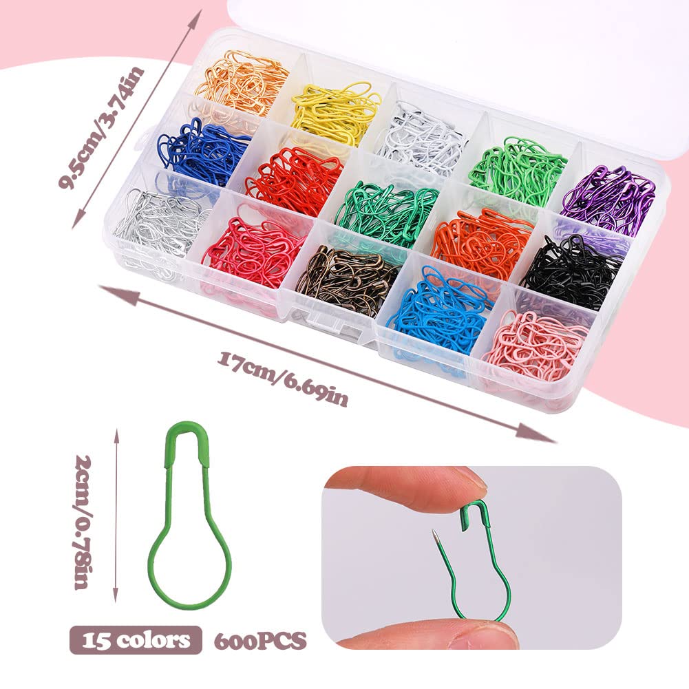 LUNARM 600 PCS Safety Pins, Colorful Metal Knitting Bulb Pins with Storage Box 15 Colors Stitch Markers for Clothing Labels Crochet Stitch Markers DIY Craft Project