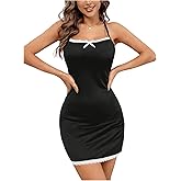 MakeMeChic Women's Lace Cami Nightgowns Bow Backless Spaghetti Strap Slip Dress