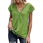 Womens V Neck T Shirts Rolled Short Sleeve Henley Tops Button Up Solid Loose fit Summer Casual Tees Shirts